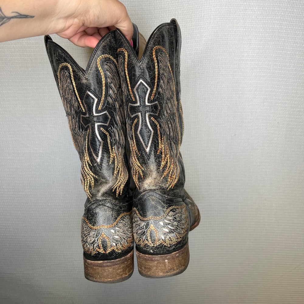Corral Womens Black Distressed Leather Wing Cross Inlay Cowboy Boots A2005 11.5D - Picture 3 of 6